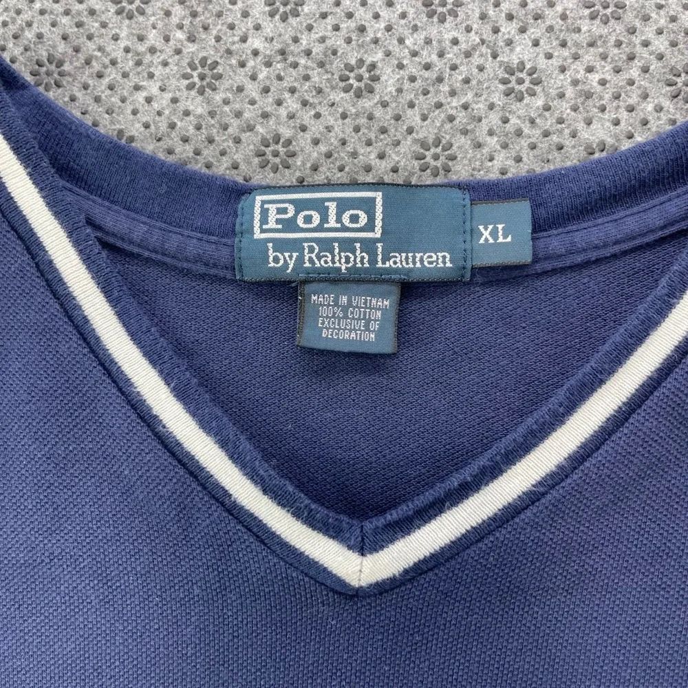 Y2K Polo Ralph Lauren Mens XL Navy Blue V-Neck Tipped Pique Cotton T-Shirt Pony